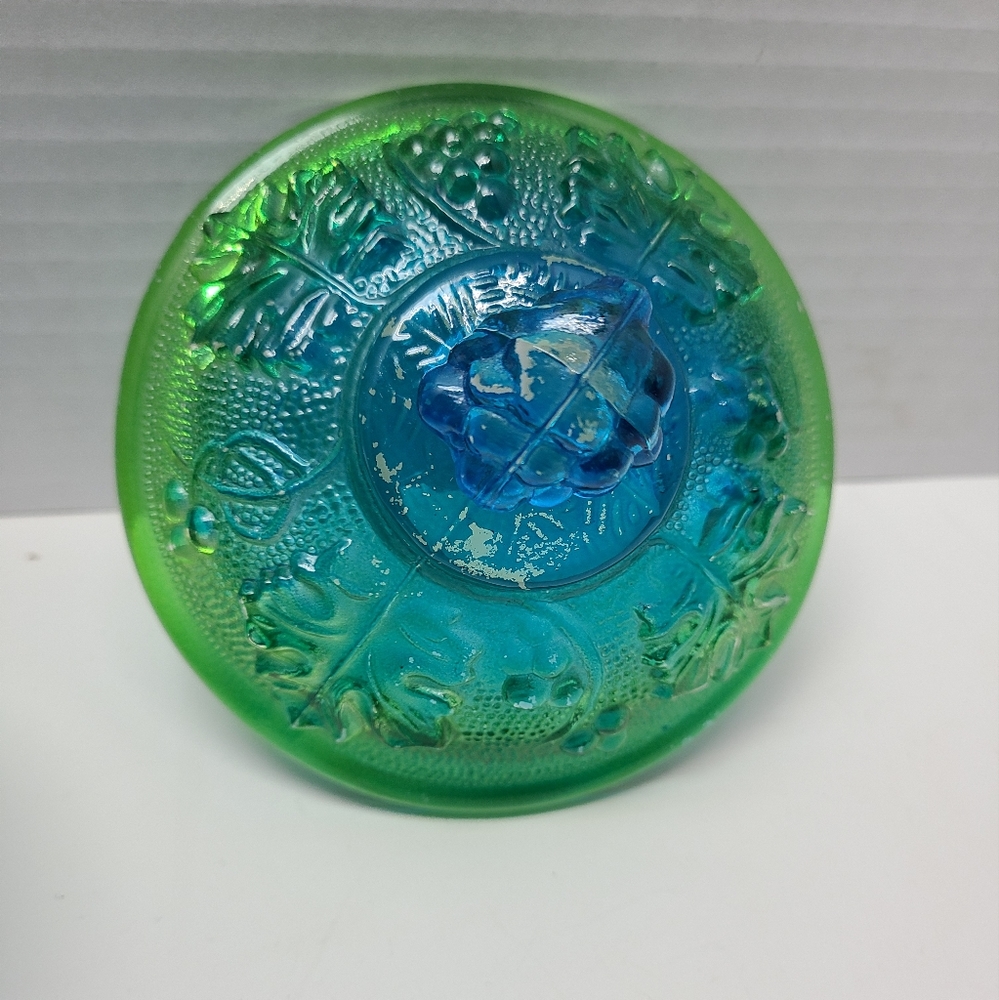 Vintage Jeanette blue/green footed grape leaf glass candy dish w/ lid Capote - Picture 4 of 16
